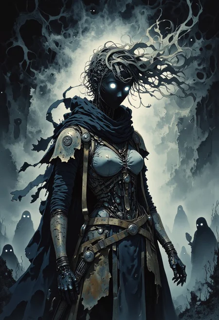 Studio Ghibli Dark Fairytale, intricate cyborg, Portrait of a female robotic entity with long, wind-blown ribbons of metallic silk hair, black hollow eerie head, no face, dark moody, desolate wasteland background, whispering ghosts in the mist, pale moonlight casting eerie reflections,
cybernetic decay, flickering ancient symbols in her metal plating, sorrowful but powerful aura, torn and frayed edges of her body, remnants of forgotten technology and old magic, her existence a song of loneliness and lost time
