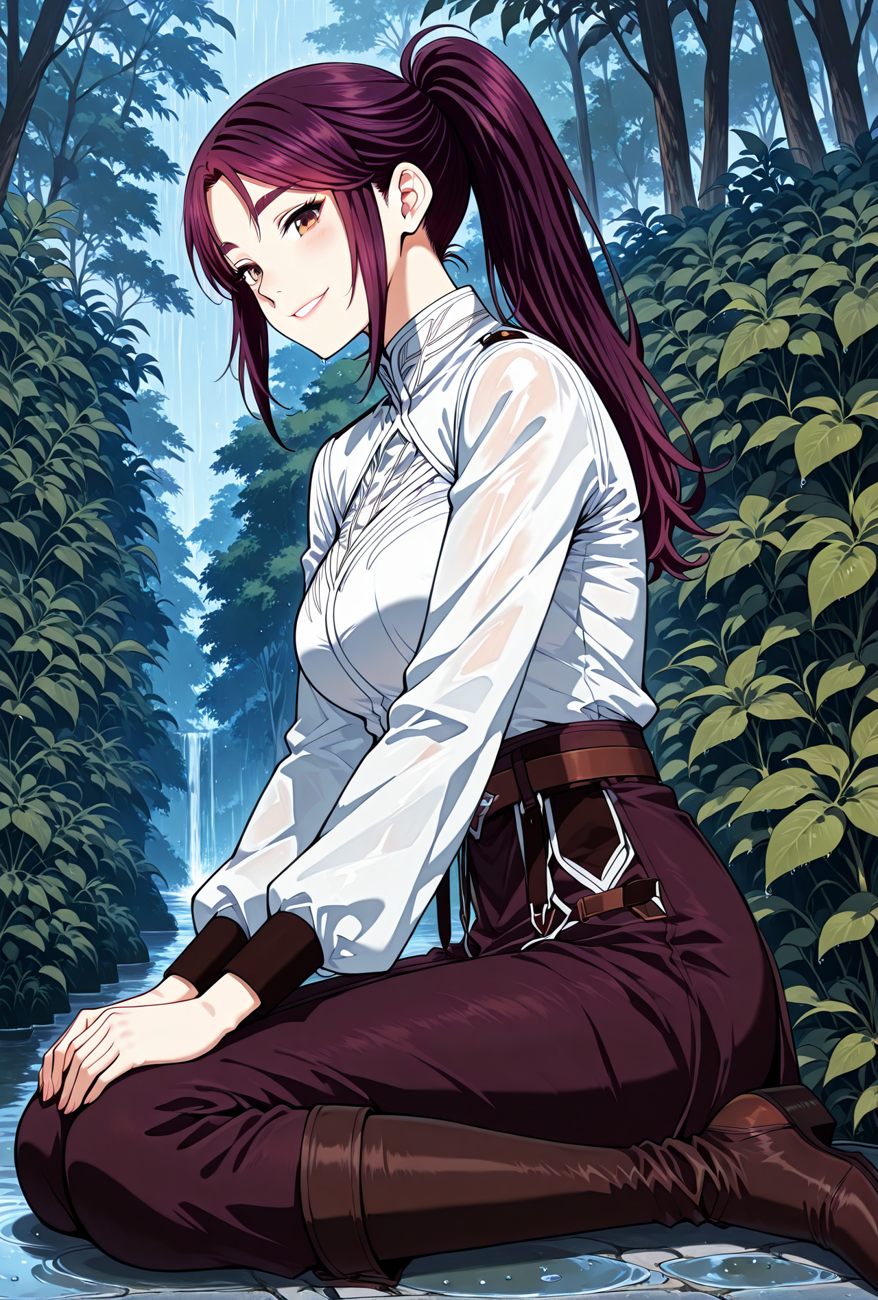 <lora:Vanesy_Glory__The_Beginning_After_the_End__Illustrious:1>
1 girl, solo, brown eyes, purple hair, long hair, ponytail, sidelocks, thick eyebrows, 
uniform, white shirt, long sleeves, belt, boots, <lora:iLLMythG0thicL1nes:1>
score_9, score_8_up, score_7_up, very aesthetic, source_anime, detailed, high quality, beautiful, detailed eyes, masterpiece, best quality, absurdres, perfect anatomy, 1girl, solo, wariza, sitting, hands on own knees, garden background, charming smile, rain