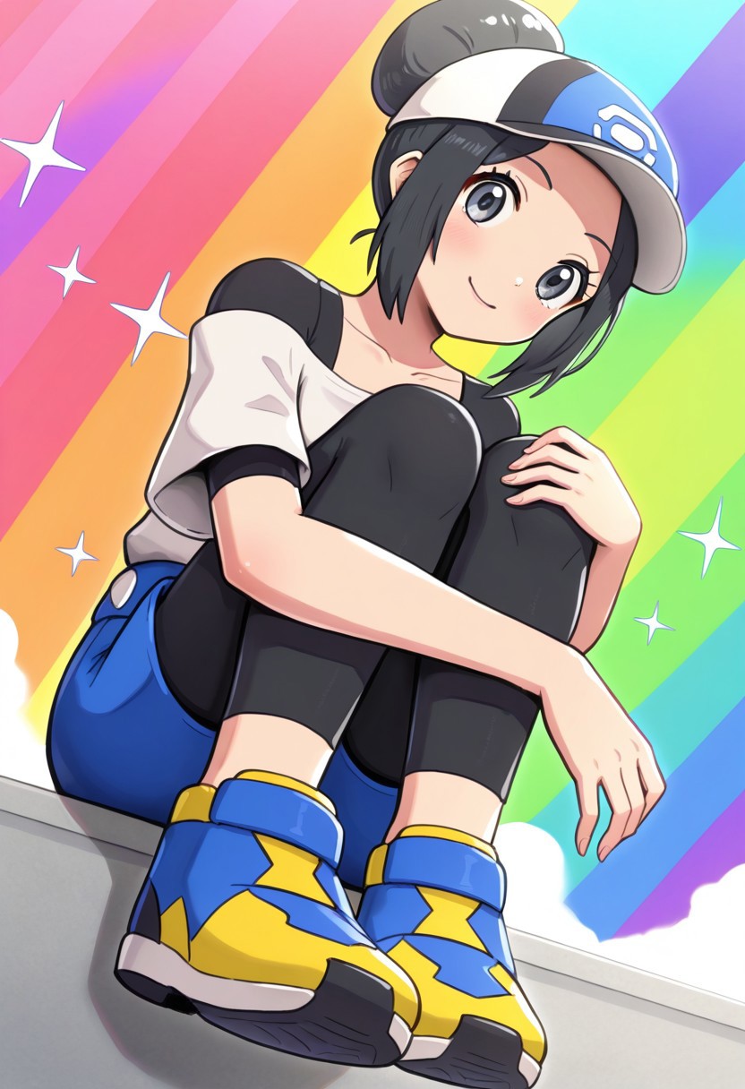 hinosaki, [[pokemoa, gonzarez]], 2d, masterpiece, best quality, amazing quality, 1girl, solo, close-up, sitting, hugging own legs, lower body, foot focus, looking at viewer, multicolored background, sparkle, rainbow background, colorful background, pkbettie, black hair, grey eyes, short hair, sidelocks, bangs, single hair bun, baseball cap, blue headwear, white shirt, collarbone, black undershirt, short sleeves, off-shoulder shirt, high-waist shorts, blue shorts, black leggings, leggings under shorts, masterpiece, best quality, amazing quality, highres, absurdres, newest, shoes, blue footwear, yellow footwear