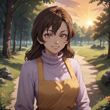score_9, score_8, BREAK, inuyama_junko,brown hair, long hair,1mole under mouth, hair ornament,hairclip,purple turtleneck sweater,blue pants, yellow apron, sexy pose, self portrait, smile, outdoors, sunlight, shadows, evening lighting, natural lighting, forest, trees, grass, orange sky, sunset