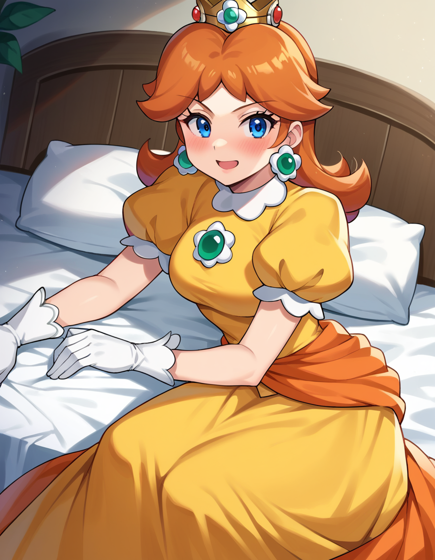 score_9, score_8_up, score_7_up, source_anime,
princessdaisy, <lora:princess-daisy-ponyxl-lora-nochekaiser:1>,
princess daisy, blue eyes, long hair, orange hair,
crown, daisy, dress, flower, gem, gloves, orange dress, puffy short sleeves, puffy sleeves, short sleeves, white gloves,
indoors, bed, bed room, on side, blush, drunk,
looking at viewer, cowboy shot, dutch angle,