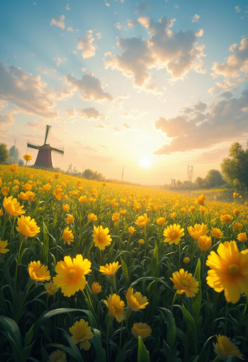detailed background, from above,( Calm spring morning landscape), beautiful view, Flower Field, canola flower in full bloom, canola flower, early morning, sunrise sky, beautiful clouds, dappled sunlight, 
I can see a windmill in the distance, 
depth of field, masterpiece, best quality, ultra-detailed, very aesthetic, illustration, perfect composition, intricate details, absurdres, moody lighting, wisps of light, no humans,