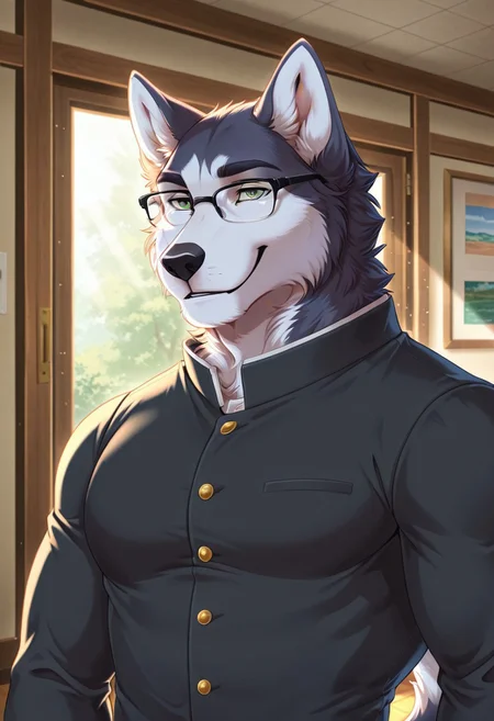 ShoichiTA, solo, furry, husky, perfect eyes, perfect face, smile, blue fur, tail, green eyes, muscular, bara, athletic build, pectorals, dynamic angle, upper body, face focus, portrait, gakuran, glasses, school uniform, school entrance, unparalleled masterpiece, best quality, amazing quality, very aesthetic, high resolution, 4K, extremely-detailed, depth of field, high sharpness, newest, scenery, detailed fur, detailed muscles, cinematic lighting, semi-realistic, <lora:ShoV1:0.7>