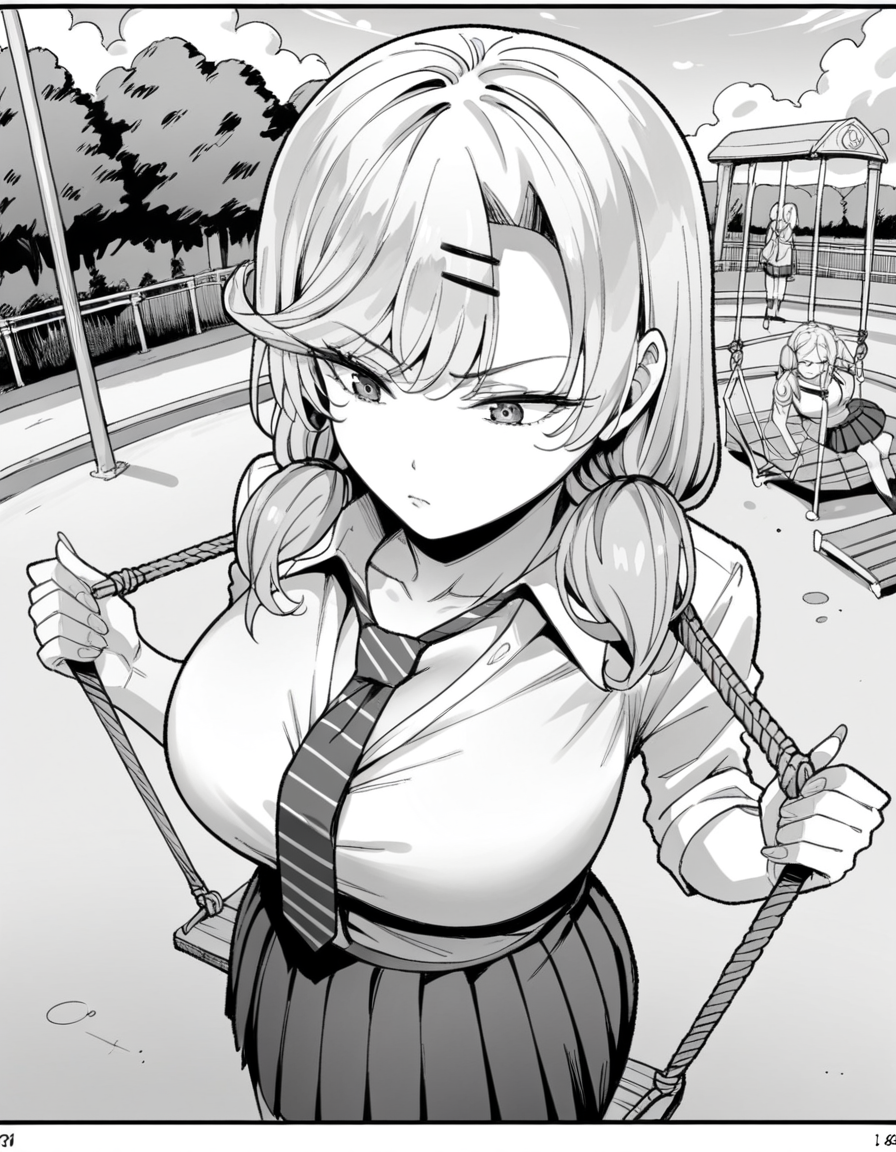 score_9, score_8_up, score_7_up, source_anime, <lora:ria-nishizono-manga-ponyxl-lora-nochekaiser:1>, ria nishizono, monochrome, greyscale, twintails, hair ornament, large breasts, hairclip, low twintails, long hair,, skirt, necktie, school uniform, pleated skirt, cleavage, shirt, miniskirt, public park, playground, swing set, laughter, sunny day, , , from above,, solo,, cowboy shot, dutch angle