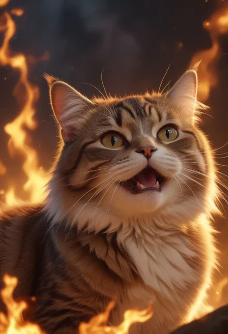 ((8k uhd, masterpiece, best quality, high quality, absurdres, ultra-detailed, detailed background)), cat nodding , meme, soft light, lightning bolt in the background, flames around, sideview