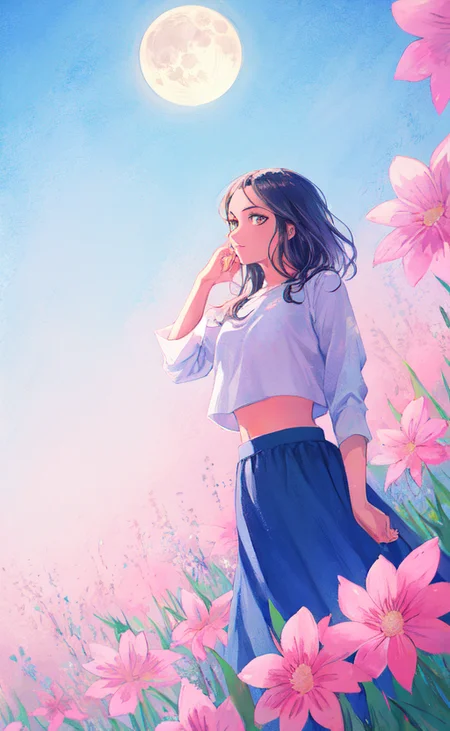 Samia, girl, solo, shirt, looking at you, face,midriff, perfect, flowers, high quality, moon kiss, radiant, sun, knight, godly