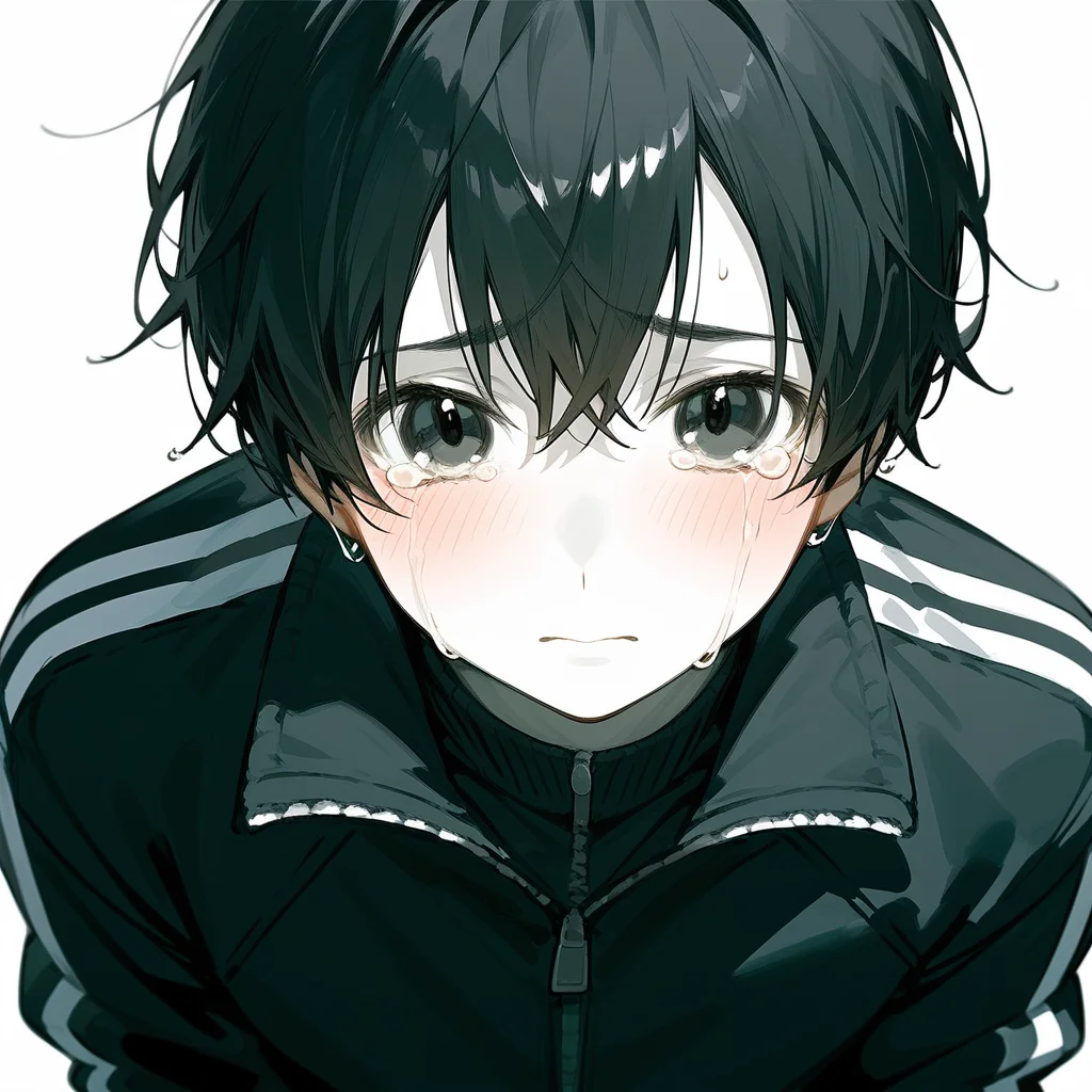 score_9,score_8_up,score_7_up,detailed face,<lora:hanman-000004:1>,1boy,black hair,bangs,track jacket,black jacket,black eyes,blush,crying with eyes open,white skin,looking at viewer,simple background,best quality,<lora:add-detail-xl:1>,