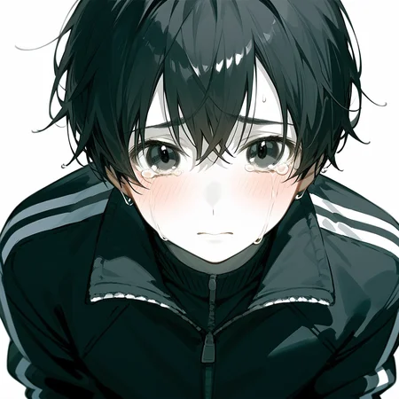 score_9,score_8_up,score_7_up,detailed face,<lora:hanman-000004:1>,1boy,black hair,bangs,track jacket,black jacket,black eyes,blush,crying with eyes open,white skin,looking at viewer,simple background,best quality,<lora:add-detail-xl:1>,