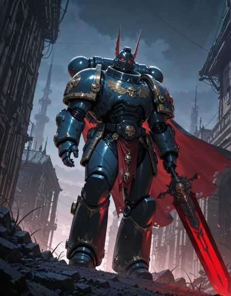 masterpiece, best quality,high quality, newest, highres,8K,HDR,absurdres, NightL40K, 1boy, solo, power armor, holding a greatsword, helmet, cape on his back
<lora:ILLNightL40K:1>