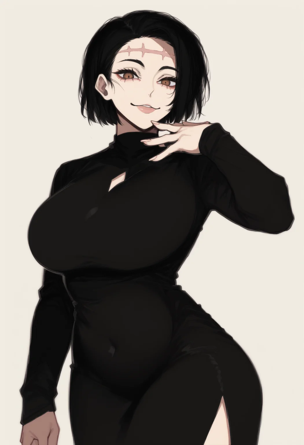 score_9, score_8_up, score_7_up, score_6_up, source_anime,
1girl, KaoriItadoriSDXL,1girl,short hair,brown eyes,black hair, scar on face, huge breasts,
long sleeves, black dress, smile, seductive, dynamic pose, simple background,
cowboy shot, sfw, close-up, <lora:kaori:0.9>   <lora:Sailen_Style:1>