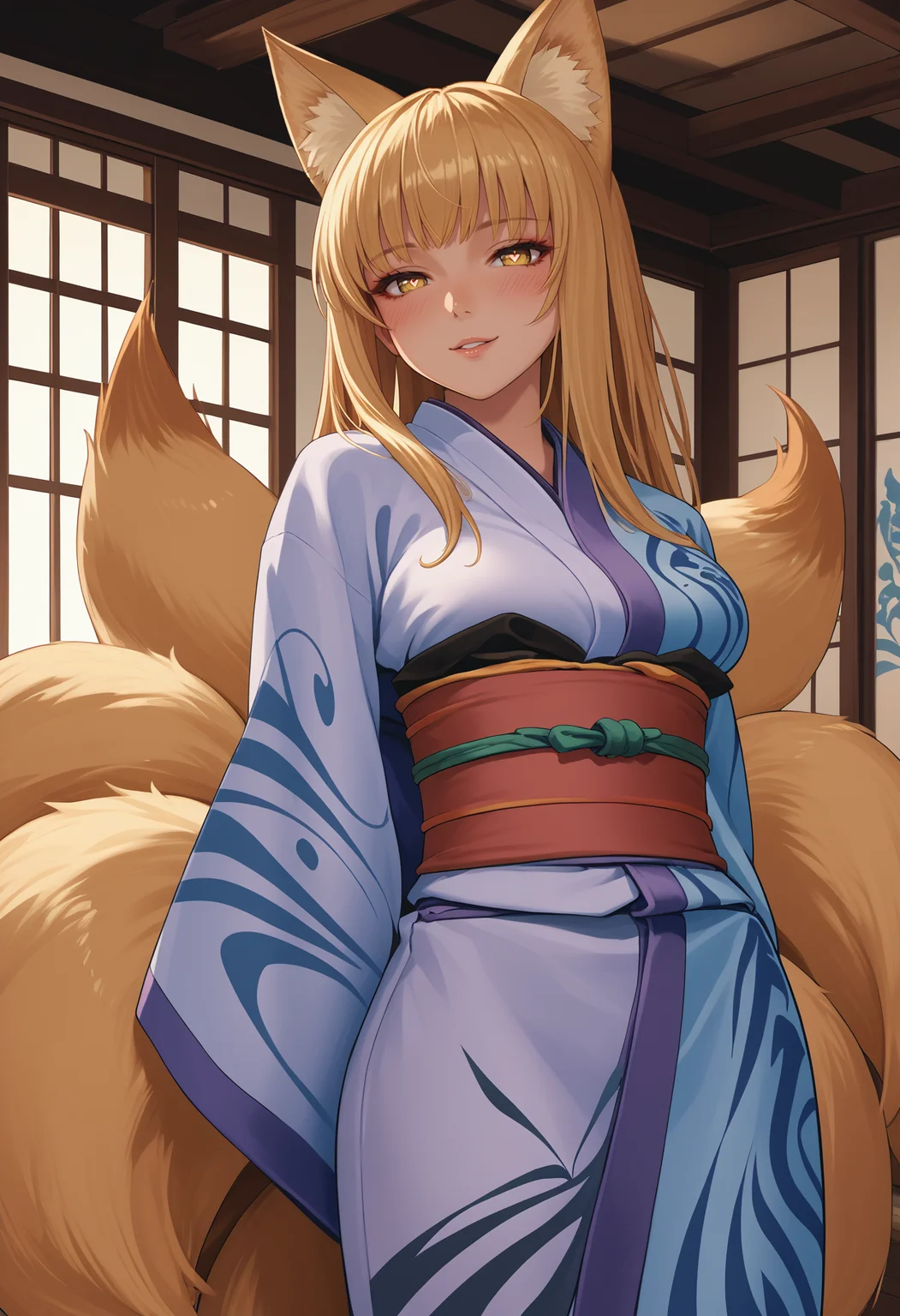 score_9, score_8_up, score_7_up, source_anime BREAK 1girl, solo, <lora:kitsune-mge-richy-v1_pdxl:1> inari, yellow eyes, fox ears, fox tail, multiple tails, blonde hair, long hair, large breasts, blue kimono, sash, tabi, obi, standing, indoors, fantasy, seductive smile, parted lips, heart-shaped pupils, blush, looking at viewer, pov, arms behind back