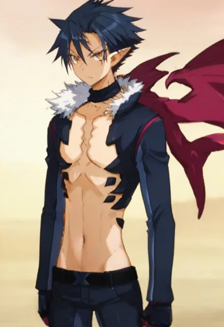 ((masterpiece)), ((best quality)), ((ultra-detailed)), ((absurdres)), score_9_up, score_8_up, score_7_up,
HD, top quality, best quality, amazing quality, High-quality illustrations, anime screencap, source_anime, best aesthetic, perfect proportions, perfect eyes, 1boy, 1male, solo boy, solo male, male focus, solo male focus, Anime, boy, male anime character, anime boy, handsome, attractive, cute, charming, sexy, hot, ((tall, tall height, tall body)), ((slim body, slim body)), Killia, dark blue hair, golden eyes, black eye marks under eyes, pointed ears, long sleeve blue jacket, white puffed collar, neck choker, red-pink accents, blue and red-pink wings, black gloves, red-pink claws, dark marks on chest and upper abdomen, belt, dark blue pants, dark blue shoes