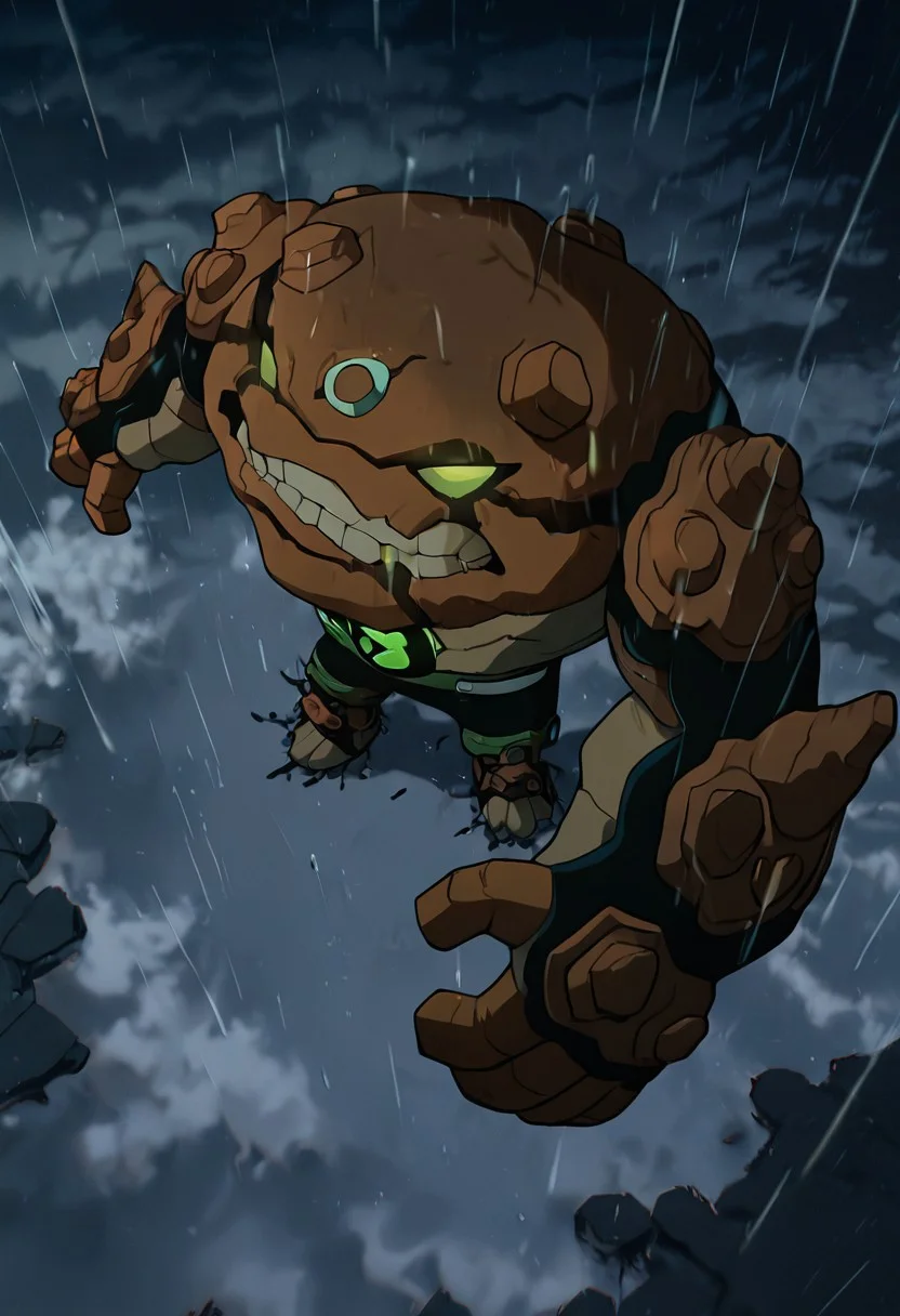 masterpiece, best quality, amazing quality, very aesthetic, absurdres, newest,, detailed background,
movie scene, cinematic scene, cinematic,
gravitack, crooked teeth, 1boy, armor, monster, green eyes, solo, massive arms, big hands, brown skin,
from above,, night time, heavy rain, grey sky, puddles, rtx, cloudy sky,