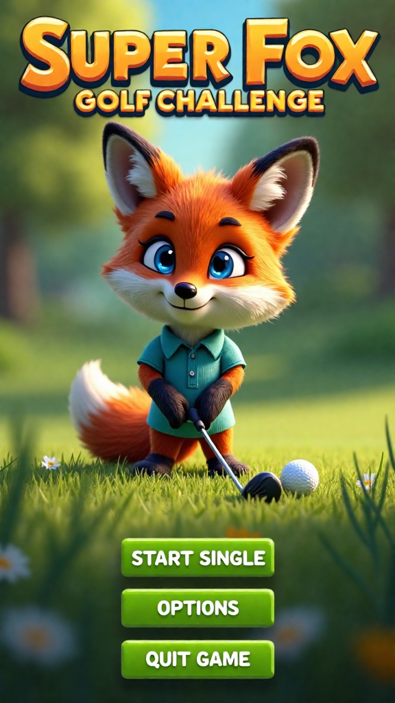 realitic photo stle,highly detailed herbs golf ambiance, a title screen of a computer game called "Super Fox Golf Challenge". A blue eyes fox wirh realistic fur playing golf is pictured. In the bottom there is a button captioned with herb"START SINGLE" below it there is a button captioned "START CAREER" and below it there is a button captioned "OPTIONS" and below it there is a button captioned "QUIT GAME" and below that there green ball club play golf highly detailed herbs. Tilt shift effect focus