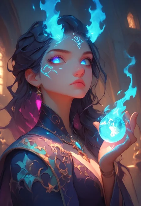 score_9, score_8_up, score_7_up, upscale 2x,(A cinematic shot of a beautiful witch with purple stylish hair, purple glowing eyes, standing with her back against the camera, looking over her shoulder, wearing a blue purple and white magical bodysuit with rich details, holding a blue burning fire orb in one hand, blue fire around her:1.2), hkmagic, Fuchsia, Dreamscape Style, Glowing Style