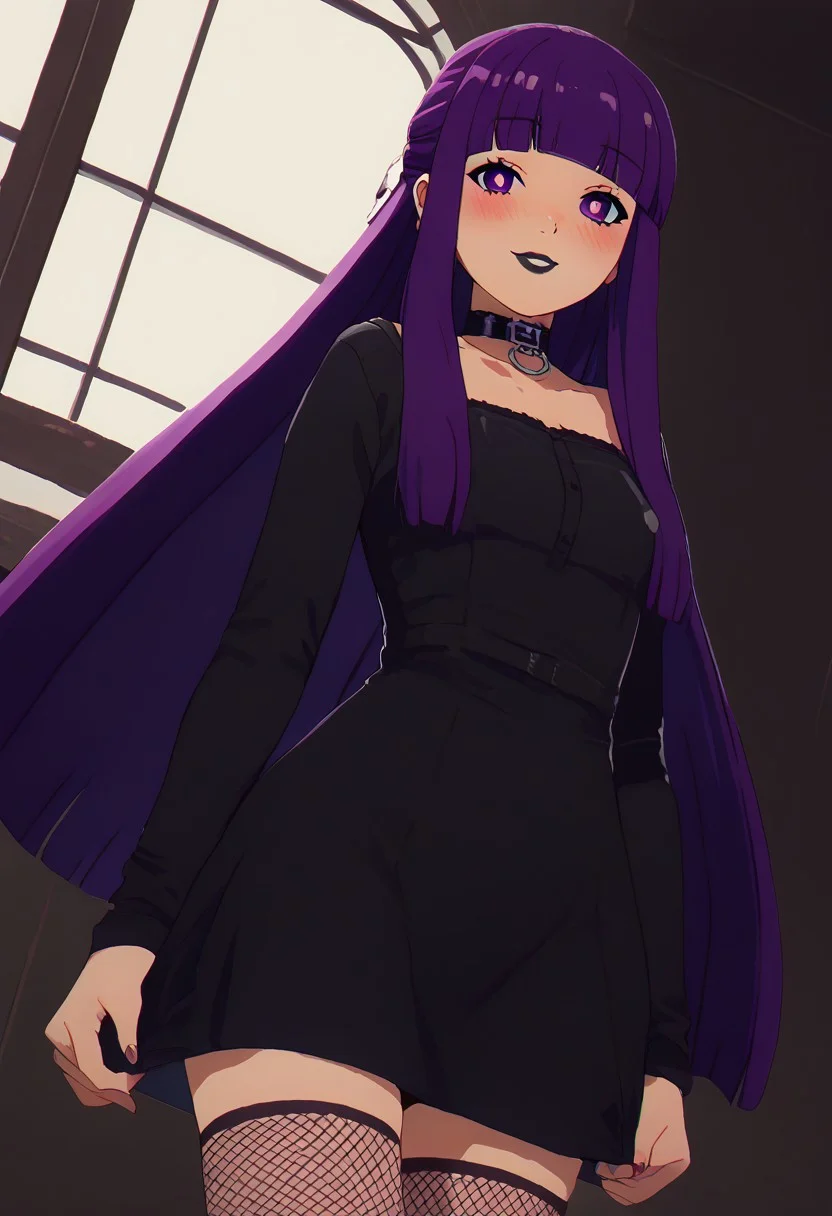 score_9, score_8_up, score_7_up, pretty girl, vivid bright colors,
patFern, long hair, bangs, purple eyes, purple hair, sidelocks, blunt bangs, bright pupils, half updo, goth, black lipstick, choker, dyed hair, tight dress, thighhighs, fishnet,
blush, looking at viewer, cowboy shot, dutch angle, solo,
smile, blush,