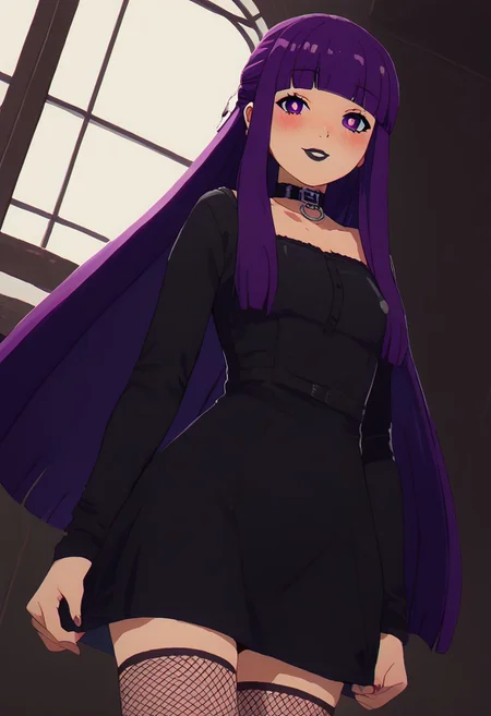 score_9, score_8_up, score_7_up, pretty girl, vivid bright colors,
patFern, long hair, bangs, purple eyes, purple hair, sidelocks, blunt bangs, bright pupils, half updo, goth, black lipstick, choker, dyed hair, tight dress, thighhighs, fishnet,
blush, looking at viewer, cowboy shot, dutch angle, solo,
smile, blush,