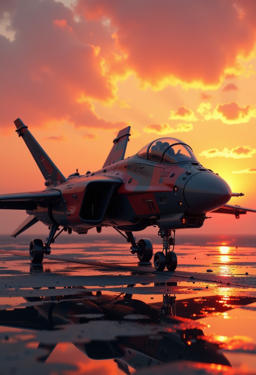 in the style of ck-mgs, A digital artwork in the style of cknc, a_skynet_cyberdyne_craft, the image is featuring a futuristic, highly advanced jet fighter drone sitting on a sci-fi air base, silhouetted, chiascuro, sunset. The fuselage is painted in camouflage dark red and black, and has a large air intake, dutch angle