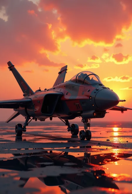 in the style of ck-mgs, A digital artwork in the style of cknc, a_skynet_cyberdyne_craft, the image is featuring a futuristic, highly advanced jet fighter drone sitting on a sci-fi air base, silhouetted, chiascuro, sunset. The fuselage is painted in camouflage dark red and black, and has a large air intake, dutch angle