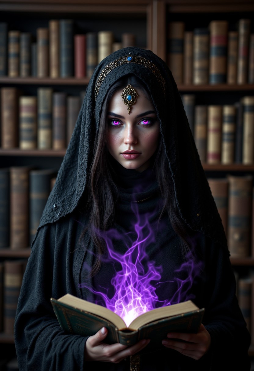 Mystical Sorceress of Yennefer with glowing spellbook and violet eyes, in an ancient library, in the style of gothic fantasy, elegant models, Anne Stokes, 32k uhd, intricate details, black
 , aidmaMJ6.1, aidmafluxpro1.1, aidmaHyperrealism, aidmaimageupgrader
