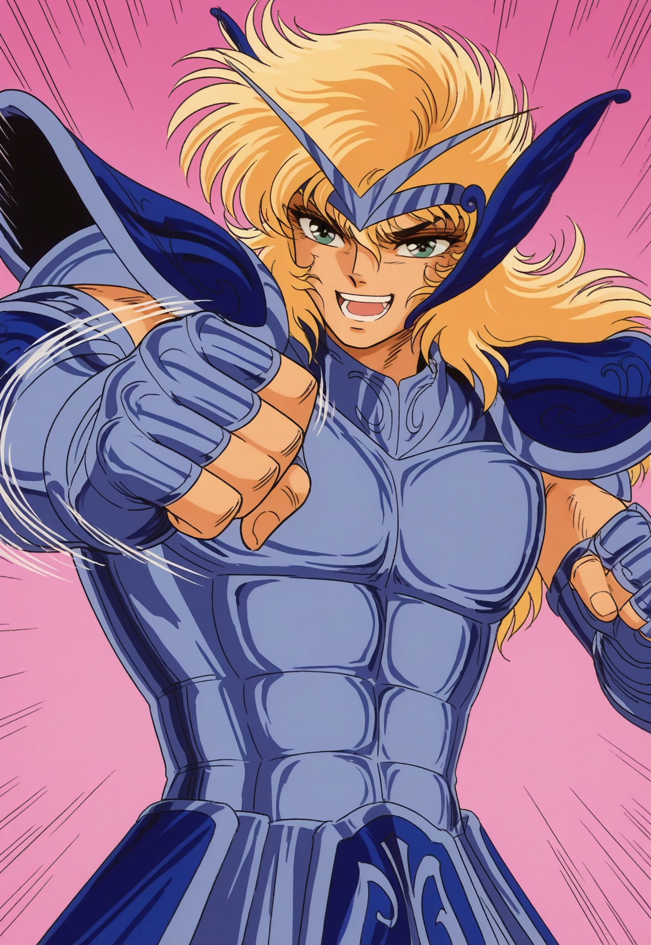 masterpiece, best quality, absurdres, zodikki1, 1boy, solo, blonde hair, green eyes,  kurumada eyes, kurumada hair, 1boy, male focus, toned male, blue eyes, wavy long hair, blonde hair, blue circlet, blue pauldrons, blue breastplate, elbow length vambraces, blue faulds, fingerless gloves, (((palm-fist tap))), upper body, action lines, simple pink background, open mouth, teeth, smile