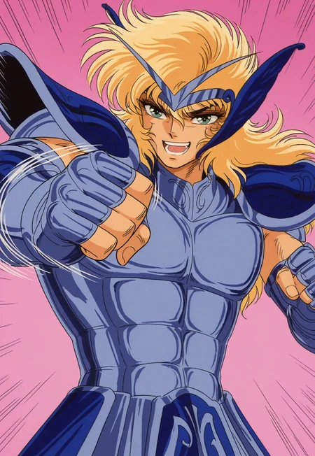 masterpiece, best quality, absurdres, zodikki1, 1boy, solo, blonde hair, green eyes, kurumada eyes, kurumada hair, 1boy, male focus, toned male, blue eyes, wavy long hair, blonde hair, blue circlet, blue pauldrons, blue breastplate, elbow length vambraces, blue faulds, fingerless gloves, (((palm-fist tap))), upper body, action lines, simple pink background, open mouth, teeth, smile