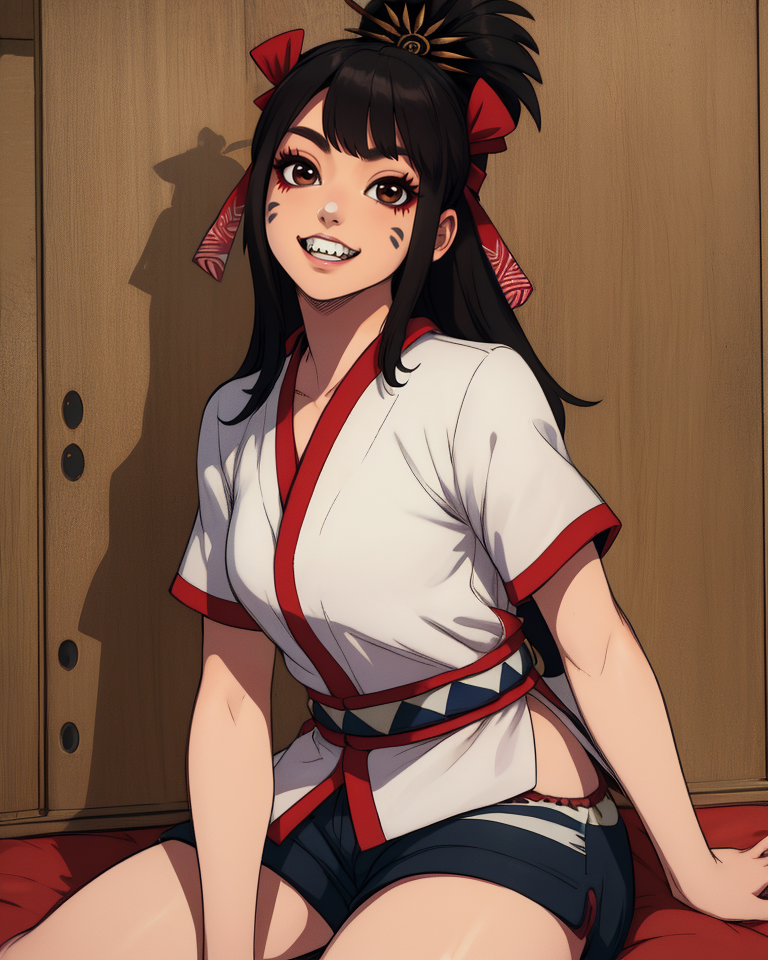 himiko, black hair, brown eyes, facial mark,  teeth,  long hair, 
white shirt, shorts, 
upper body,  sitting,   
sengoku period, store, solo,  light smile,  
(insanely detailed,masterpiece, best quality),<lora:himikoOR:0.8>,