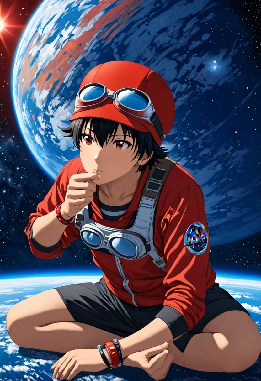 Highres, Masterpiece, High Quality, 4K, Yuusuke Fujisaki, 1boy, solo, black hair, Realistic Light, red hat, goggles, concentration, space background, red hat, goggles, bracelet, anklet