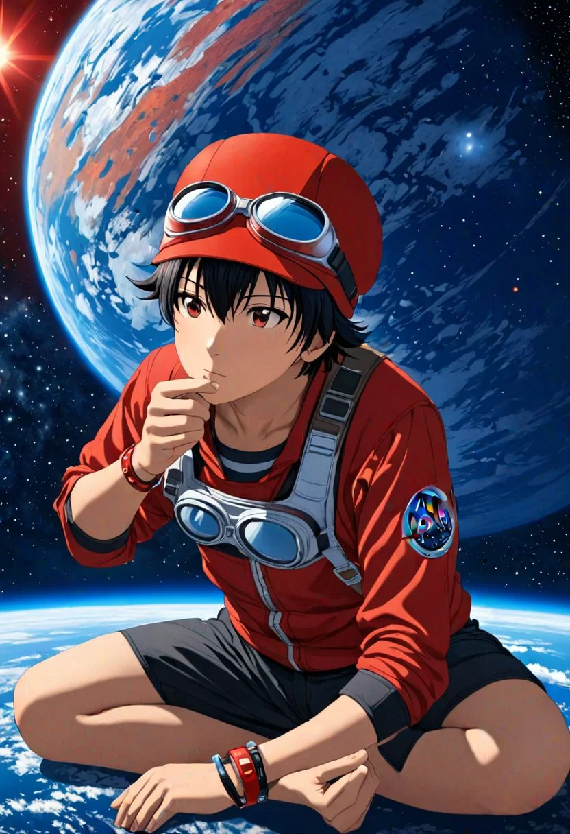 Highres, Masterpiece, High Quality, 4K, Yuusuke Fujisaki, 1boy, solo, black hair, Realistic Light, red hat, goggles, concentration, space background, red hat, goggles, bracelet, anklet