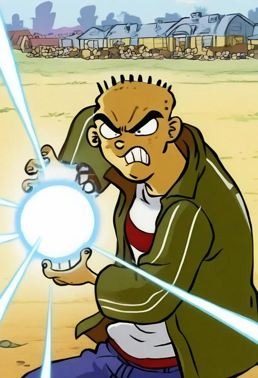 Masterpiece, best quality, 8k, newest, absurdres, highly detailed, 1boy, solo, edboi, mnbrow, green jacket, striped red and white shirt, unibrow,
Kamehameha-Charge, bent elbows,arms on waist level ,hands cupped together, holding energy orb
,
BREAK
,angry expression, houses in background, day,
