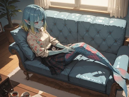 masterpiece,best quality,amazing quality, (solo:1.6), anime, anime style, anime screencap, rating:safe, 
light Navy blue hues, shadows, bioluminescent,    
1girl, red eyes, smiling, yellow hair, blue hair, green hair, multicolored hair, gradient hair, mermaid, colorful skin, multicolored skin, magical skin, tattoo, fish girl, gills, iridescent scales, full body, tail fin,fins, medium breasts, from above, from side, 
colorful shirt, collared shirt, skirt, plaid skirt, feathered skirt, 
bedroom, couch, on couch, relaxing, 
<lora:aidmaMJ6.1_v0.5_IL:0.3> aidmaMJ6.1 <lora:StS-Illustrious-Detail-Slider-v1.0:1> <lora:re4lity:0.4> re4lity_sync_illu <lora:- iLL - the_edgy_mech_V3.0:0.8> <lora:S4bit4mago:0.7> S4bit4mago_illu, <lora:Sinozick_style:0.6> Sinozick_illu, <lora:DetailedPerfect_hands_r1:1> <lora:ShindoL:0.3> shindol, <lora:Granblue Fantasy XLV2:0.6>