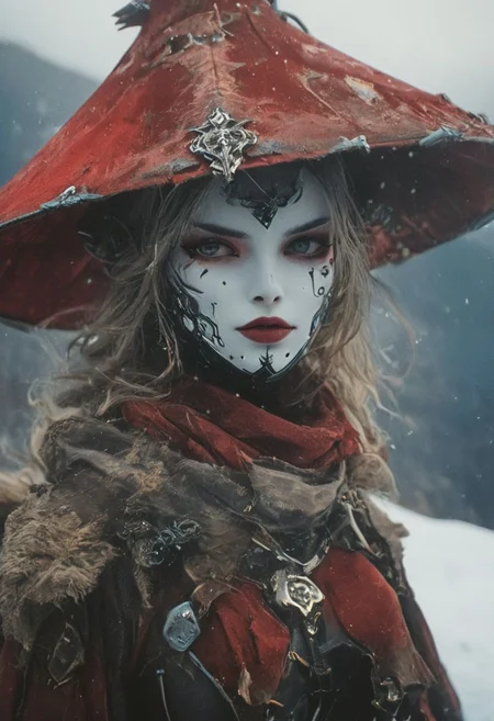 Adorned in a mask and cape reminiscent of D'Artagnan's era, a skilled swordswoman, a cyborg samurai resembling the girl with the pearl earrings, weathered leather and linen armor sun-bleached, bursts with laughter, her eyes gleaming with triumph. adorned with a towering translucente sss sedge hat veiling her face, her metallic intricacies faintly aglow in translucent dark red, infront of nightly large snowy mountains,
creating a hyperpunk scene with desaturated dark translucent amber-black and blue details, colorful (polaroid:0.7) with vibrant colors, (vacations, high resolution:1.3), (small, selective focus, european film:1.2), (sexual advance:1.1), closeup