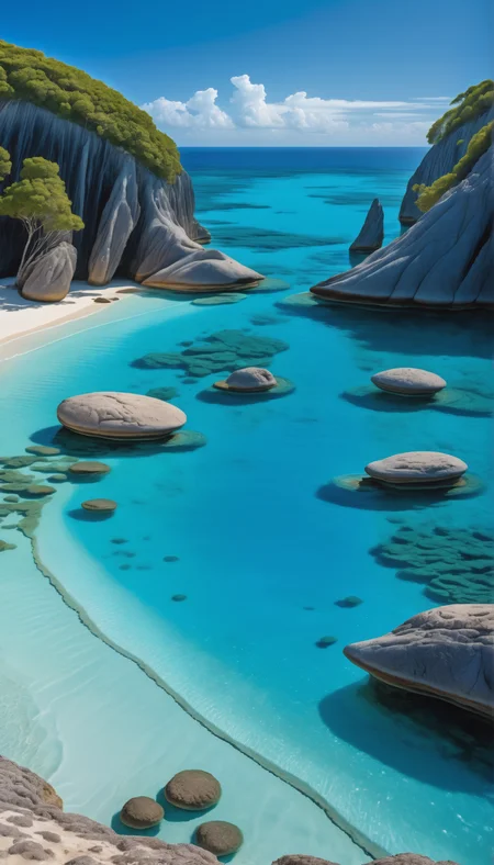 Alien landscape, moebius, tropical beach, clear blue water