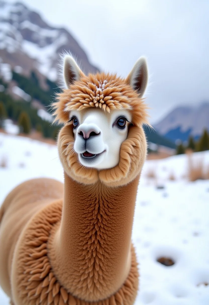 A photograph of a single very fluffy alpaca standing in a snowy mountain landscape. It has very long, thick and ((shaggy fur)). It's eyes are big and black. The alpaca's face is almost completely overgrown with shaggy fur. The photo taken from ten foot away and from a slight angle so that the whole body of the alpaca is in the picture. There are snowy mountains in the background and a little almost green lake, sunny day, it is snowing a bit, (it looks surprised and funny)