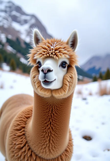 A photograph of a single very fluffy alpaca standing in a snowy mountain landscape. It has very long, thick and ((shaggy fur)). It's eyes are big and black. The alpaca's face is almost completely overgrown with shaggy fur. The photo taken from ten foot away and from a slight angle so that the whole body of the alpaca is in the picture. There are snowy mountains in the background and a little almost green lake, sunny day, it is snowing a bit, (it looks surprised and funny)