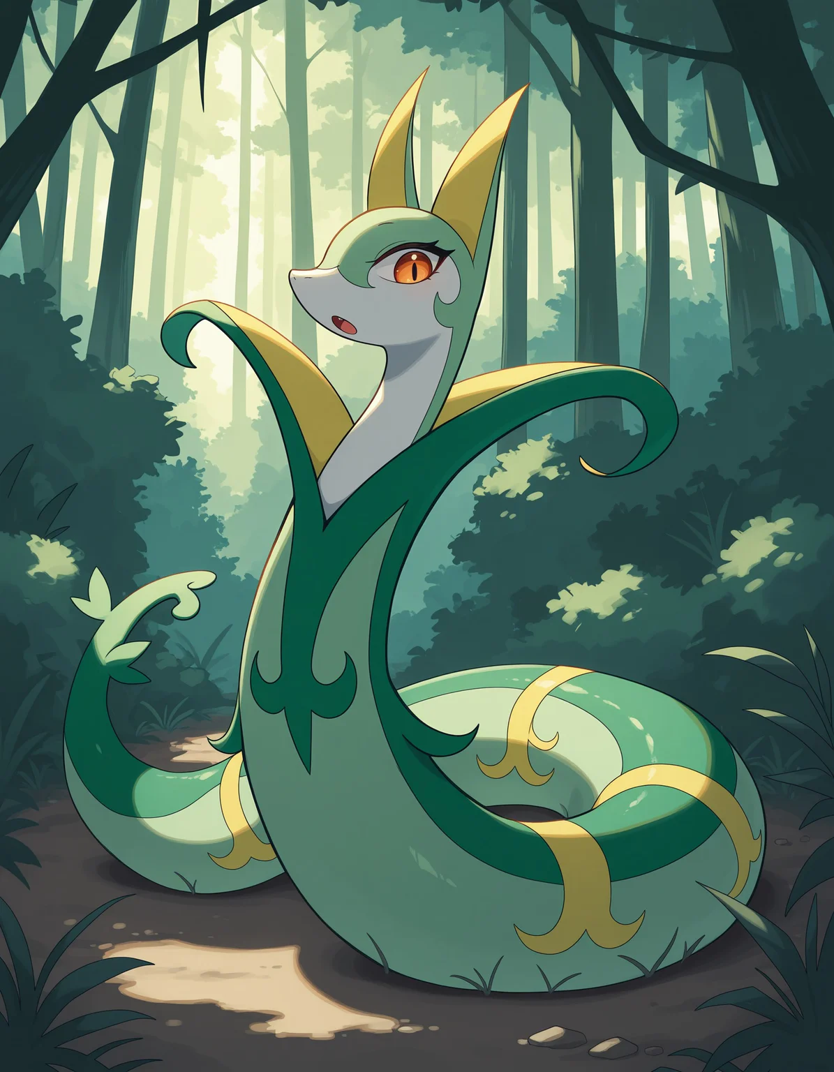 masterpiece, best quality, amazing quality, very detailed, newest, no humans, solo, wnsrpr, pokemon \(creature\), snake, serpent, high collar, multicolored body, nature, forest, full body, bushes, scattered light, cinematic lighting, looking at viewer, :o, <lora:8d51fa88-56e5-4ec5-a0e9-6b0d9ccf3695:0.9>