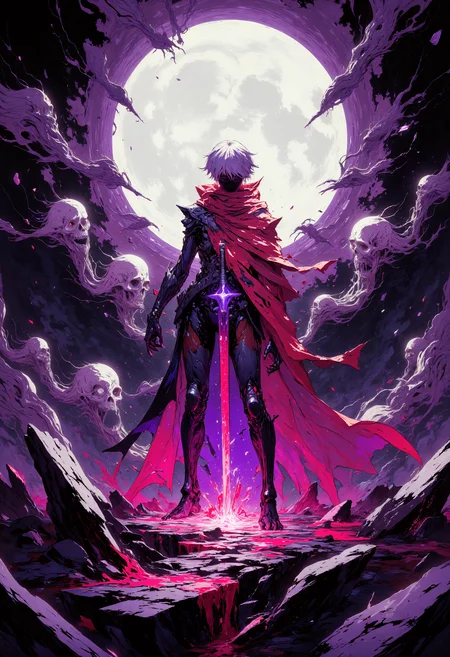 in Otomo Katsuhiro style, masterpiece, high-quality, A radiant vampiress stands beneath a shattered moon, her long, flowing crimson cape torn and trailing sparks of glowing embers. Her short, platinum hair glistens with droplets of glowing blood as she clutches a jagged, crystalline sword that hums with violet energy. Around her, ghostly figures emerge from an ocean of black mist, their translucent forms glowing faintly in the surreal twilight. The broken moon casts sharp, fragmented beams of light across the scene, creating a dramatic interplay of shadows and hyperdetailed, glowing accents., <lora:FLUX\Anime v1.3:0.5> <lora:FLUX\FLUX-daubrez-DB4RZ:0.4> <lora:FLUX\VividlySurrealApex:0.8>