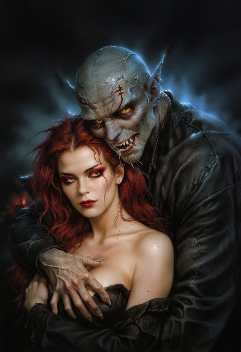 score_9, score_8_up, score_7_up, score_6_up, semi-realistic, (1girl), (1boy).  
MonsterLove, male vampire. 
blondie girl with sexy makeup.
Hug.