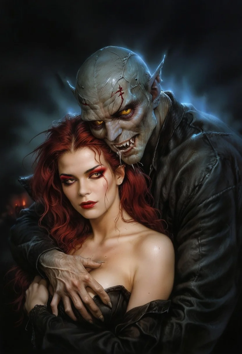 score_9, score_8_up, score_7_up, score_6_up, semi-realistic, (1girl), (1boy).
MonsterLove, male vampire.
blondie girl with sexy makeup.
Hug.