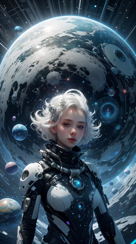 1girl, cosmic, dress, glass, <lora:Hellasthetic v2:0.9>, sphere, 1girl, silver, fractal_art, Space-time distortion, Horizon, Colony, backlighting, elegant, Glowing white hair, planet generator, High ceiling, Ice Planet, Planet Collision, white tree, blizzard,