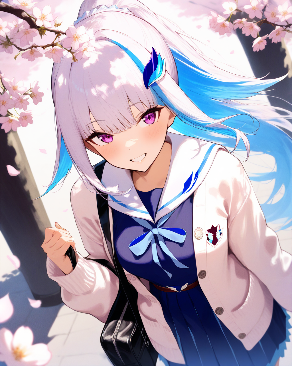 1girl,
LizeHelestaNijisanji,
LizeHelestaNijisanji4thCostume,
safe,
solo, perspective, dynamic angle, upper body,
ponytail, hair ornament, hair scrunchie,
purple eyes, smile,
walking, holding bag,
white cardigan, sailor collar, blue serafuku,
large breasts, school bag,
cherry blossoms, school,
depth of field,
<lora:kp_LizeHelestaNijisanjiAnimagineXL_v1_1:1.0>,
masterpiece, high score, great score, absurdres