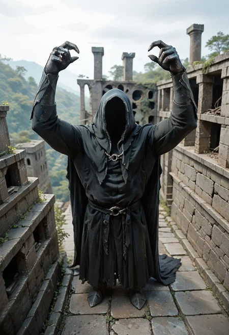 score_9, score_8_up, score_7_up, score_6_up, score_5_up, score_4_up, TheNazgul1024, nazgul, a man with no face wears a cape, ghost, hud_n4ilz, perspective, from above, arms up, close-up, nature, ruins, The Lord of the Rings style