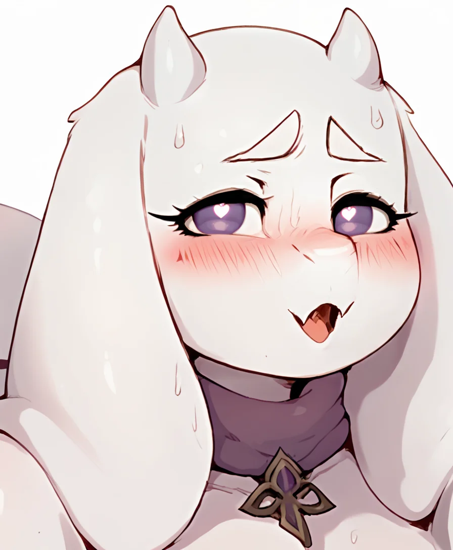 score_9, score_8_up, solo, looking at viewer, blush, open mouth, simple background, white background, animal ears, purple eyes, heart, sweat, horns, fang, symbol-shaped pupils, heart-shaped pupils, furry, furry female, goat ears, goat girl, goat horns, <lora:Spindles_Toriel:1>