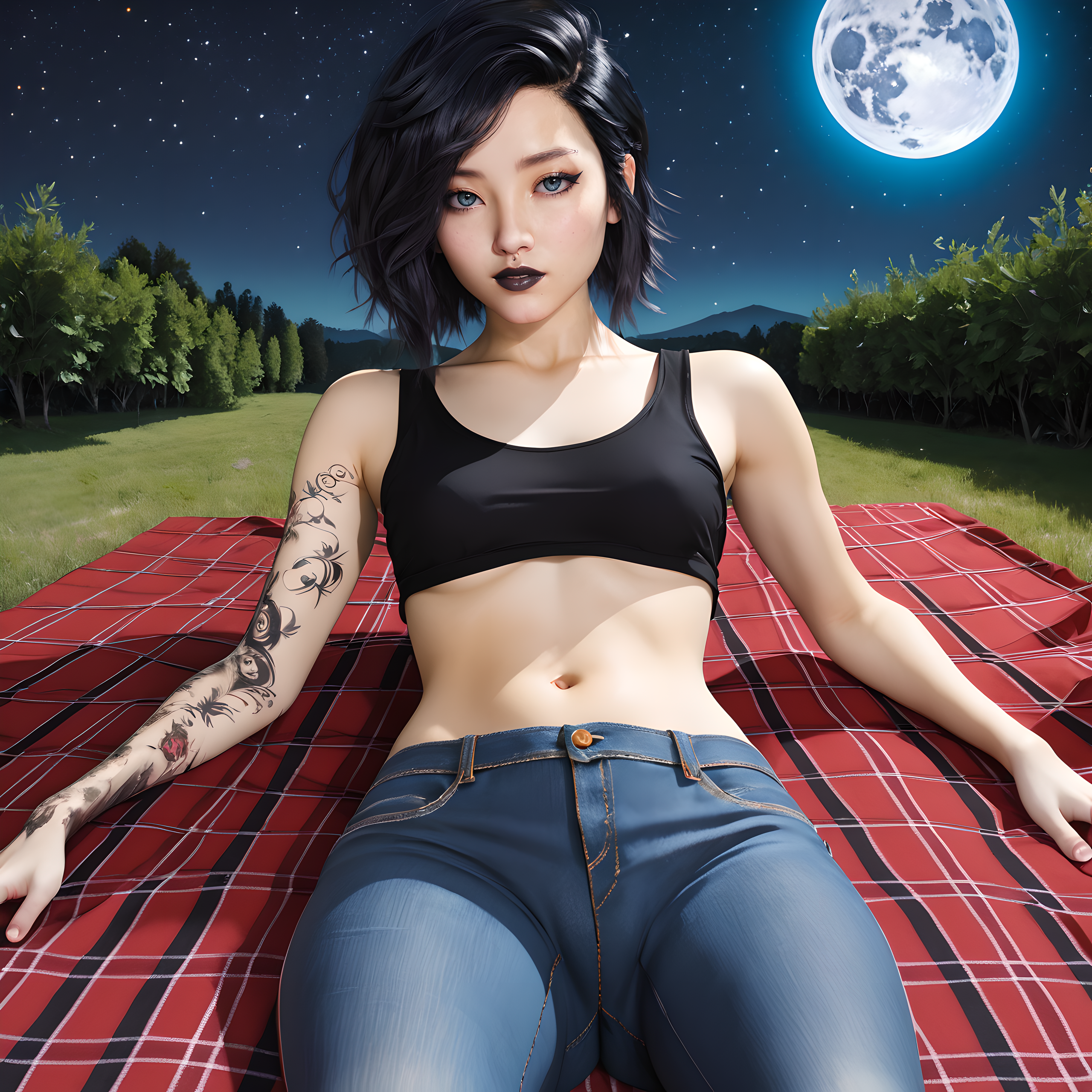 1girl, solo, riona, black hair, realistic, black lips, makeup, arm tattoo, small breasts, blue eyes, short hair, half asian, eyes makeup, eyeliner, <lora:Riona_-_Being_A_DIK:0.85>
BREAK
level_9, level_8_up, level_7_up, source_cartoon, masterpiece 
BREAK
laying, on the ground, blanket, meadow, night, moon, stargazing , stars, looking up, looking to the skies, crop top, jeans, laying on the back, outdoor, dark,