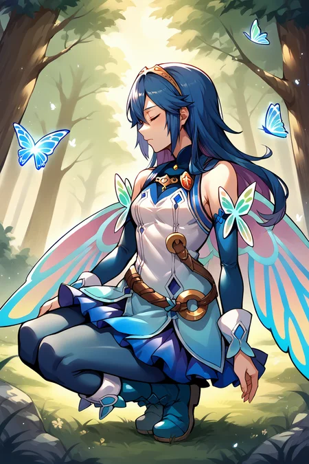score_9, score_8_up, score_7_up, score_6_up, source_anime BREAK 1girl, <lora:lucina-pdxl-nvwls-v1-000005:1> respLuci, long hair, tiara, white shirt, butterfly wings, sleeveless, blue elbow gloves, blue skirt, pantyhose, blue boots, night sky, kneeling, closed eyes, forest, night