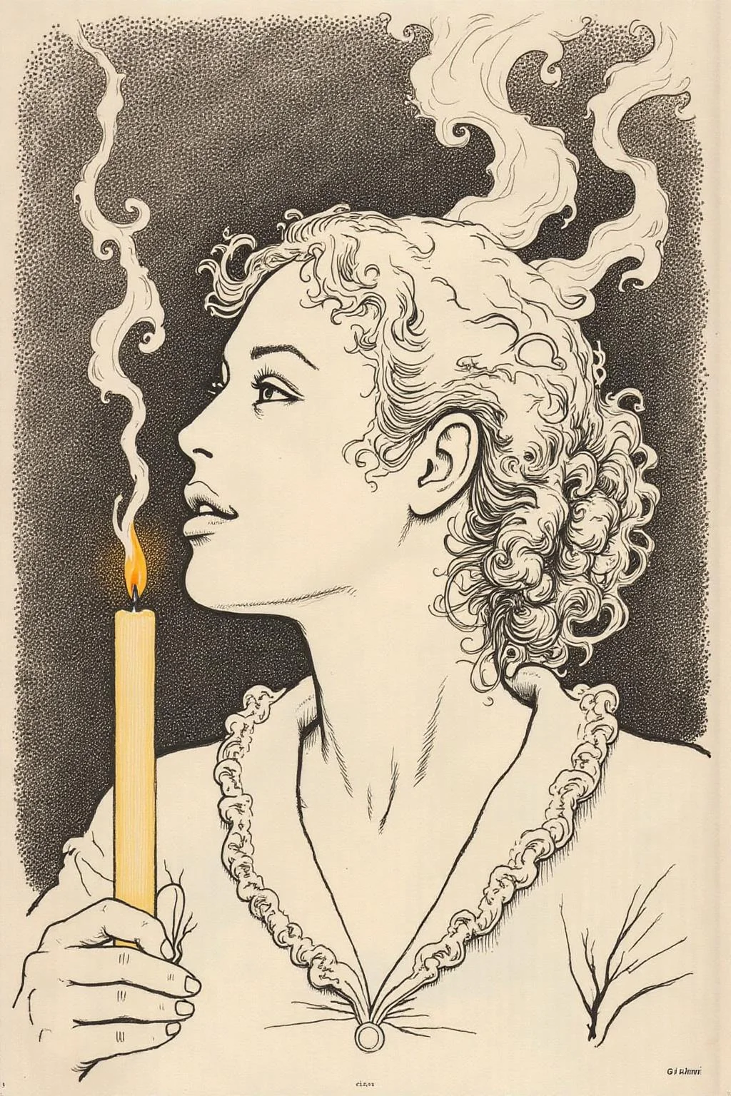 tacomic1 illustration. Wisps of smoke rising from a candle in the form of a woman's profile  <lora:itacomic_mima4_nocap_d4a2:1.0><lora:801711476361650417:0>