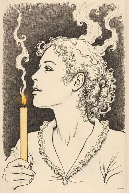 tacomic1 illustration. Wisps of smoke rising from a candle in the form of a woman's profile <lora:itacomic_mima4_nocap_d4a2:1.0><lora:801711476361650417:0>