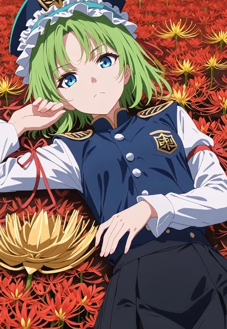 safe_pos, 1girl, solo, solo focus, highres, absurdres, shikieiki, green hair, frilled hat, blue eyes, blue headwear, short hair, bangs,

long sleeves, black skirt, white shirt, blue vest, red ribbon, epaulettes, small breasts, arm ribbon, buttons, 

looking at viewer, lying, on back, 

spider lily, flower field, night sky, red sky, dark,