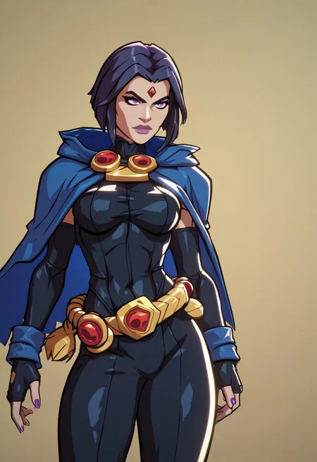 score_9, score_8_up, score_7_up, 1girl,Raven (DC), Gray skin, forehead jewel, dark leotard, blue cape, violet eyes, bare shoulders, long sleeves, Pettie build, bob cut, belt ,
<lora:2XKO_style:1>, 2XKO,
