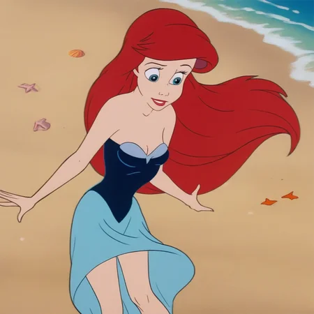 aqua-blue eyes, hourglass body, dress, Ariel, red hair, long hair, legs, beach,